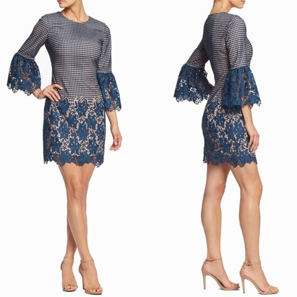 Dress the Population Peacock Blue Crochet Lace Overlay Bell Sleeve Dress size XL
